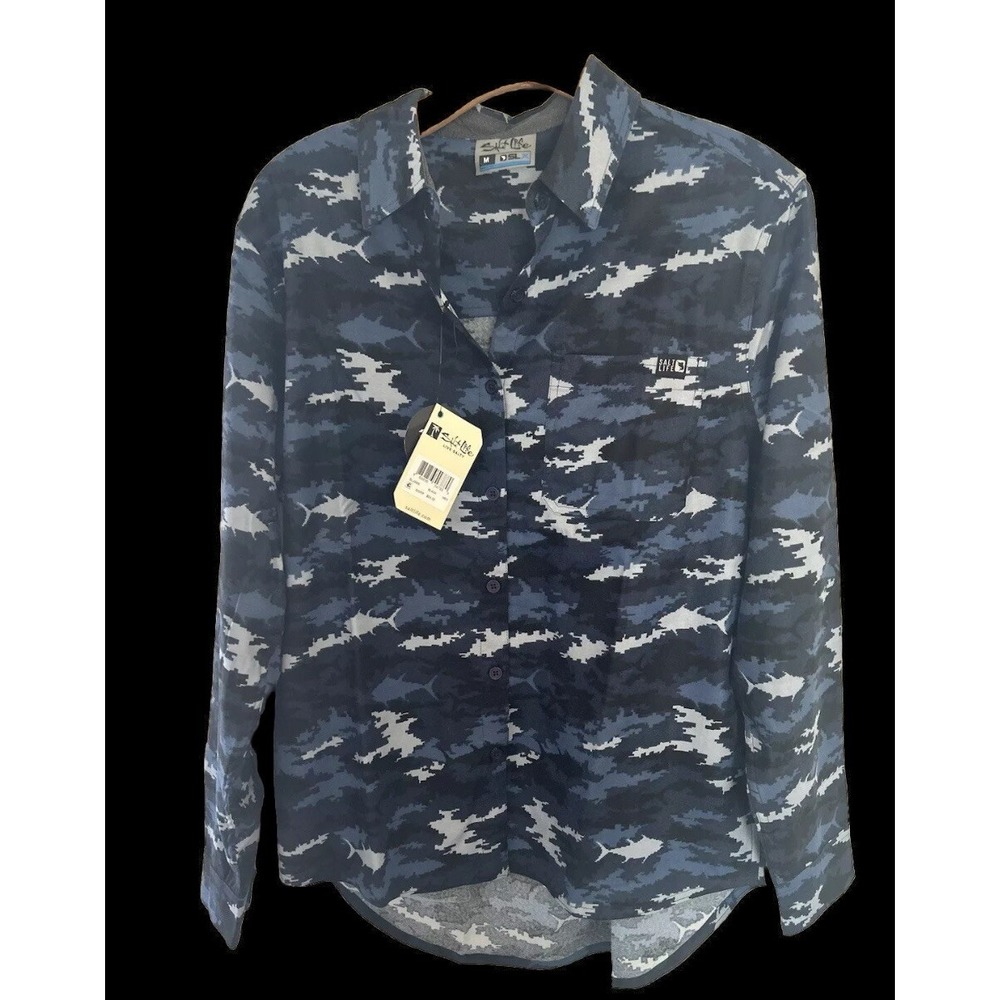 Salt Life SLX Performance Brushed Stretch‎ Flannel Shirt NWT Women's M Blue Camo